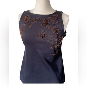 Ann Taylor Women's Sleeveless Beaded Floral‎ Top Small Black Stretch